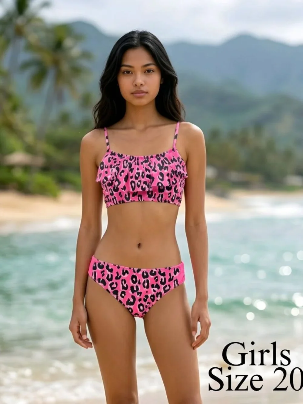 Justice ✦ Girls Pink Black Leopard Print Ruffle Bikini Set ✦ Coquette Girl Sz 20